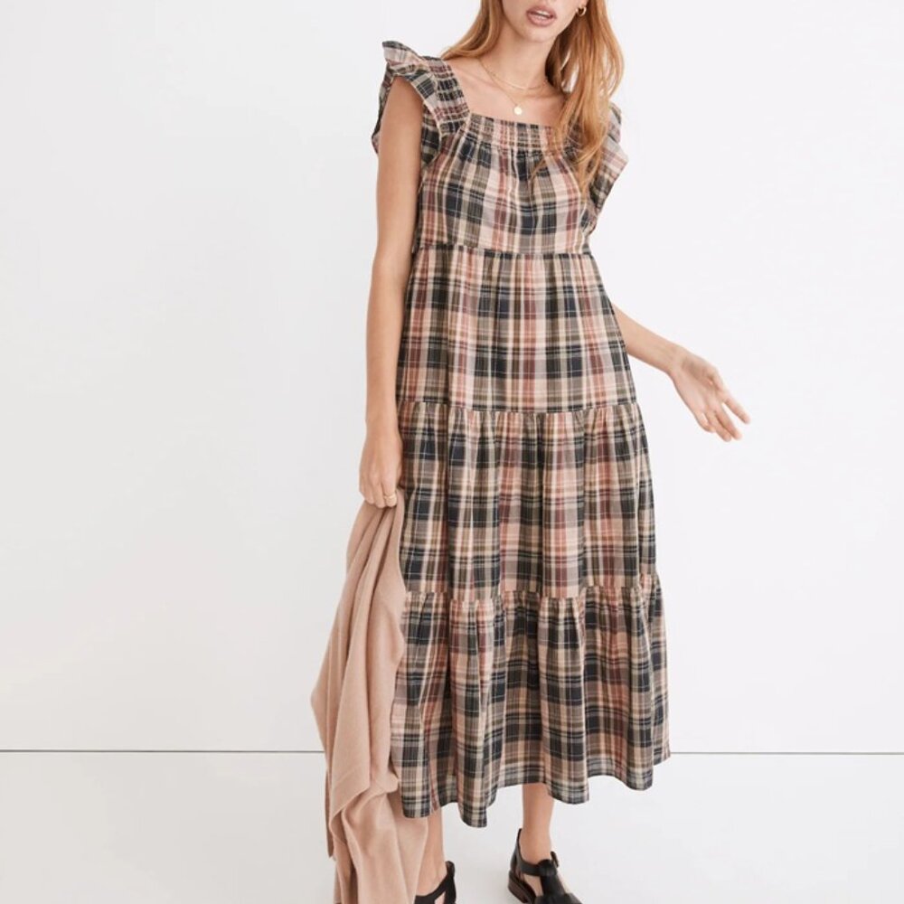 Madewell | Flutter-Sleeve Tiered Midi Dress in Plaid | M